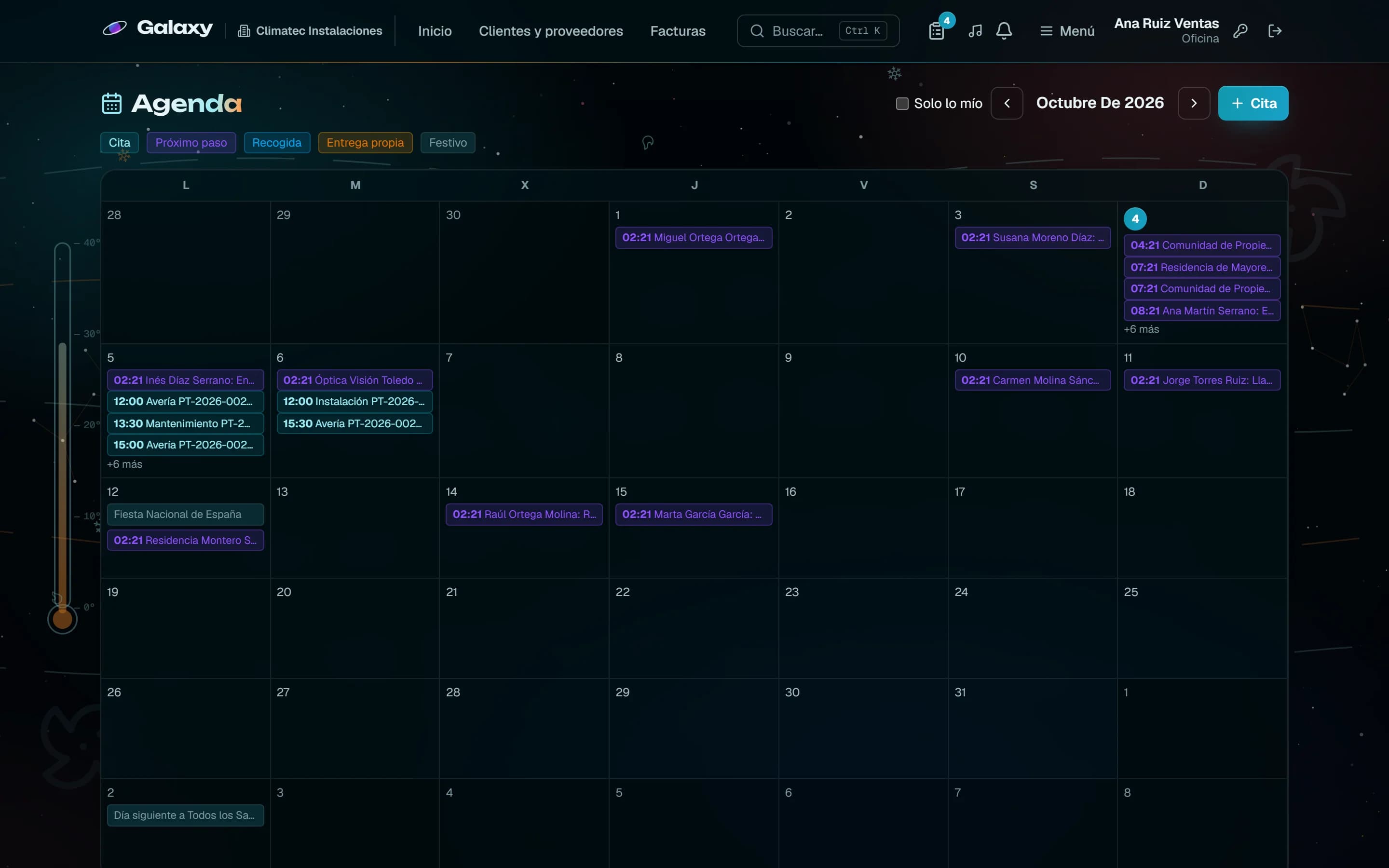 Captura de pantalla de Galaxy: Agenda con las citas de los técnicos