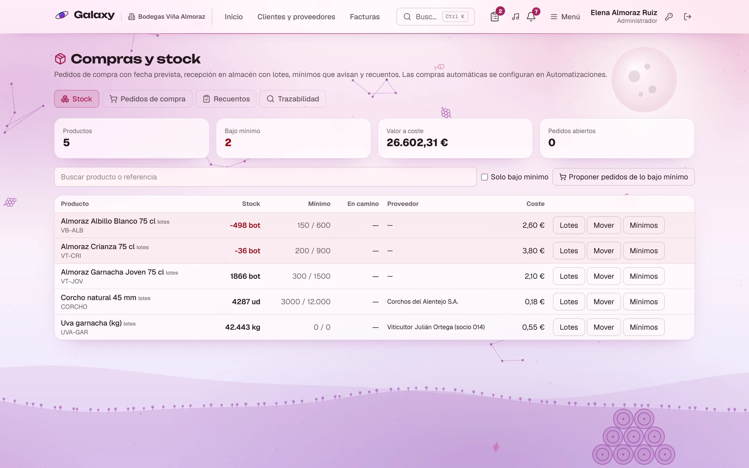 Captura de pantalla de Galaxy: Bodega en vendimia: stock y entradas de uva
