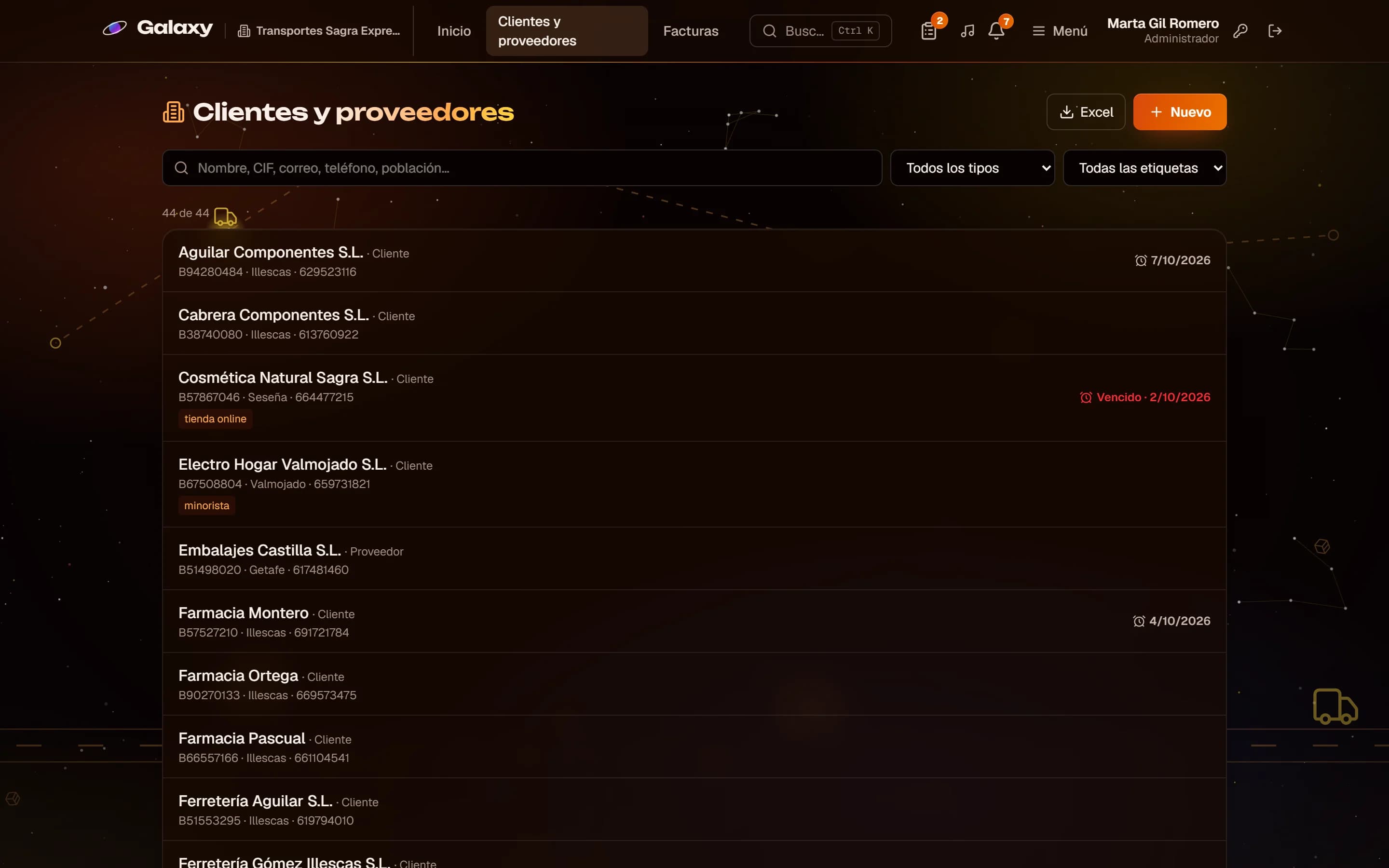 Captura de pantalla de Galaxy: Clientes, proveedores y potenciales