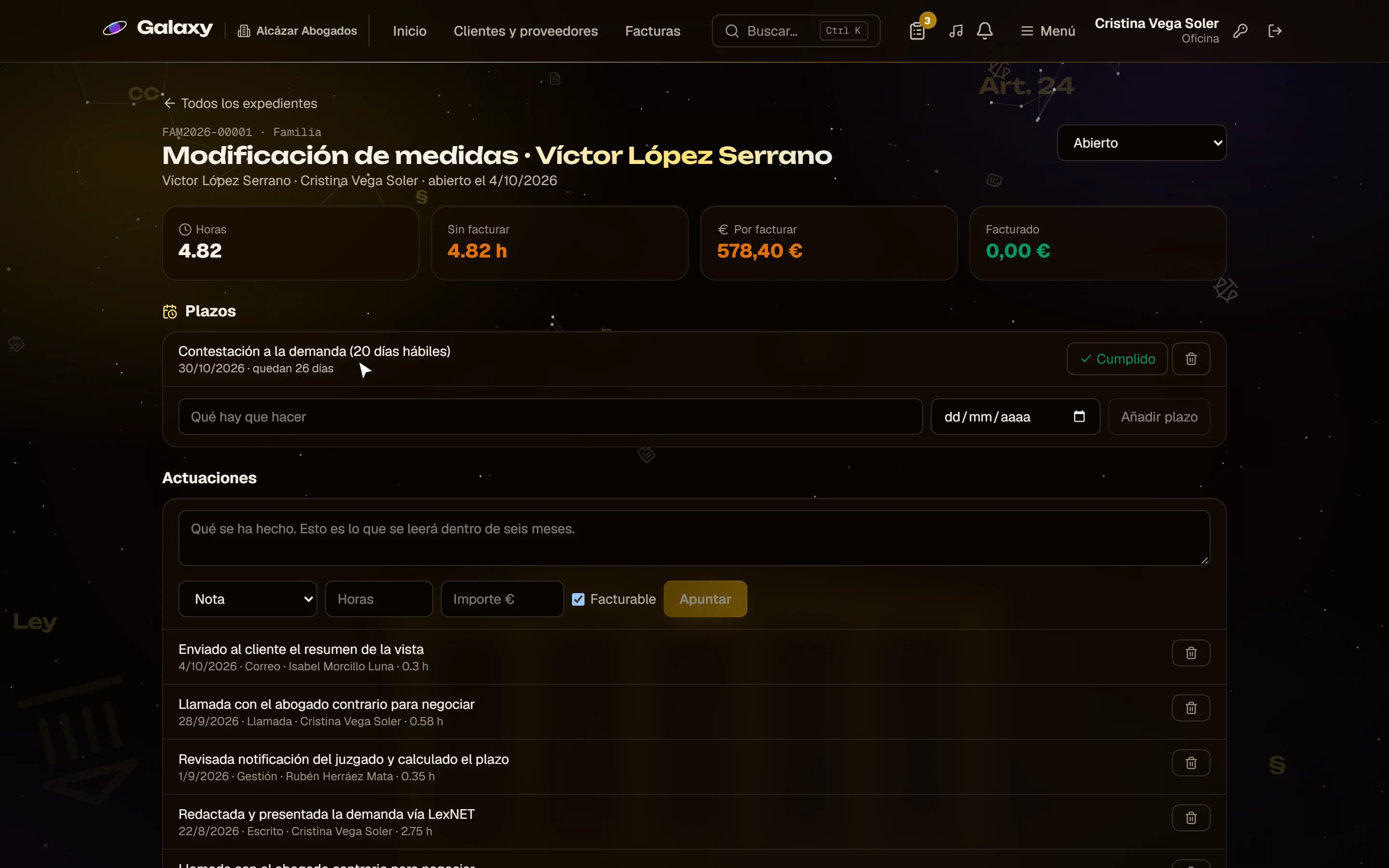Captura de pantalla de Galaxy: Un asunto con su plazo procesal y su minuta