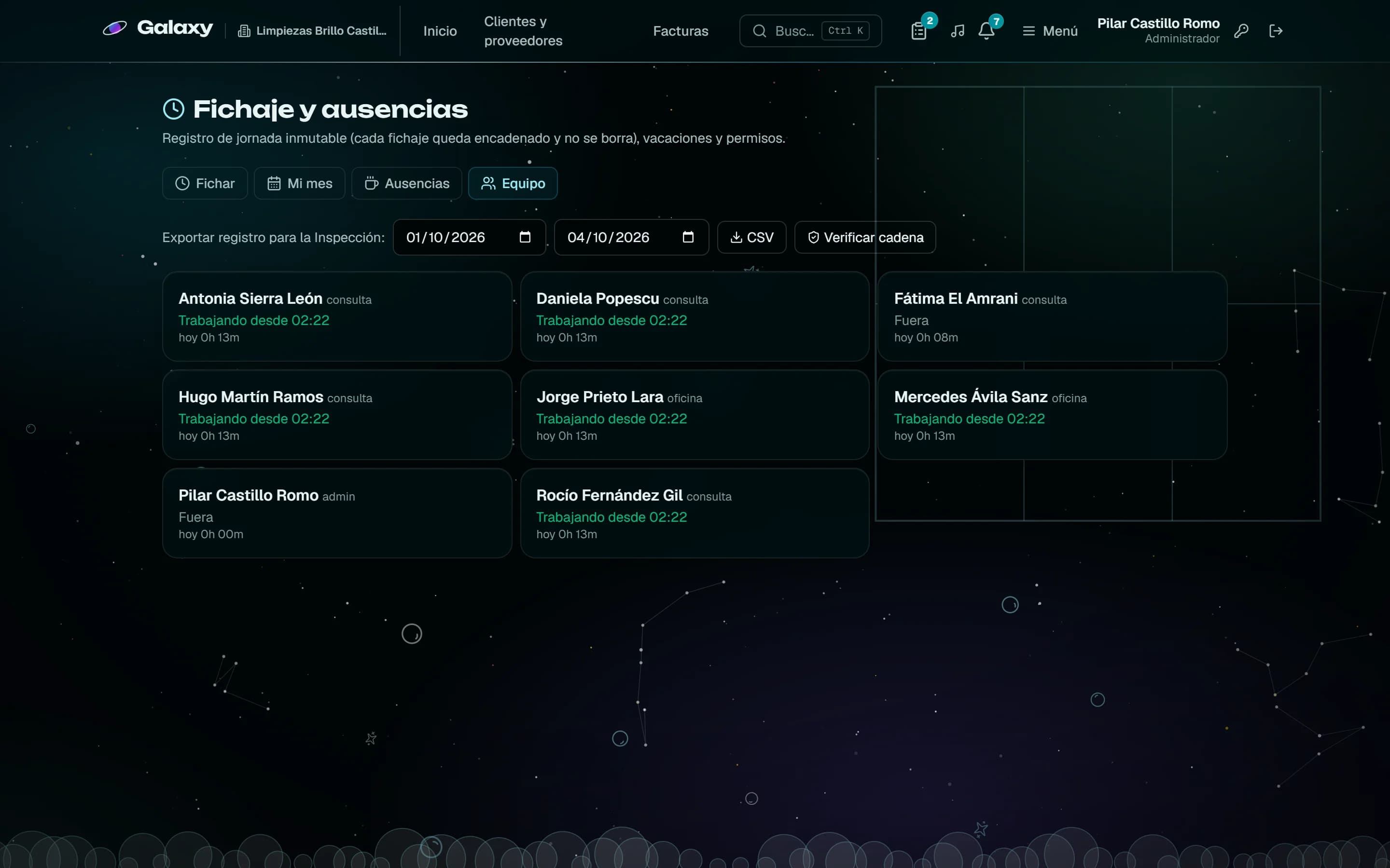 Captura de pantalla de Galaxy: Quién está trabajando ahora y dónde