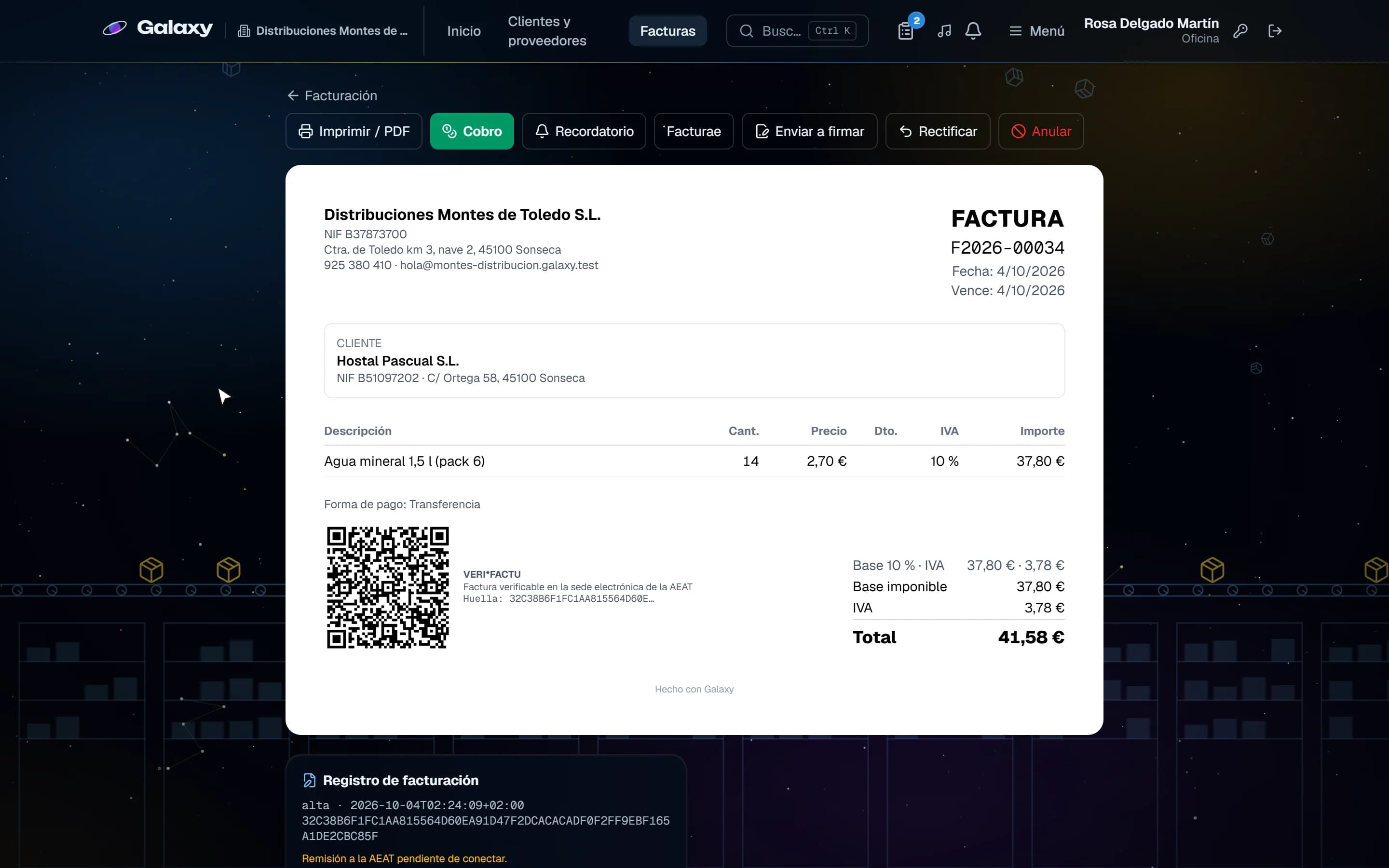 Captura de pantalla de Galaxy: Factura con QR VERI*FACTU y registro encadenado