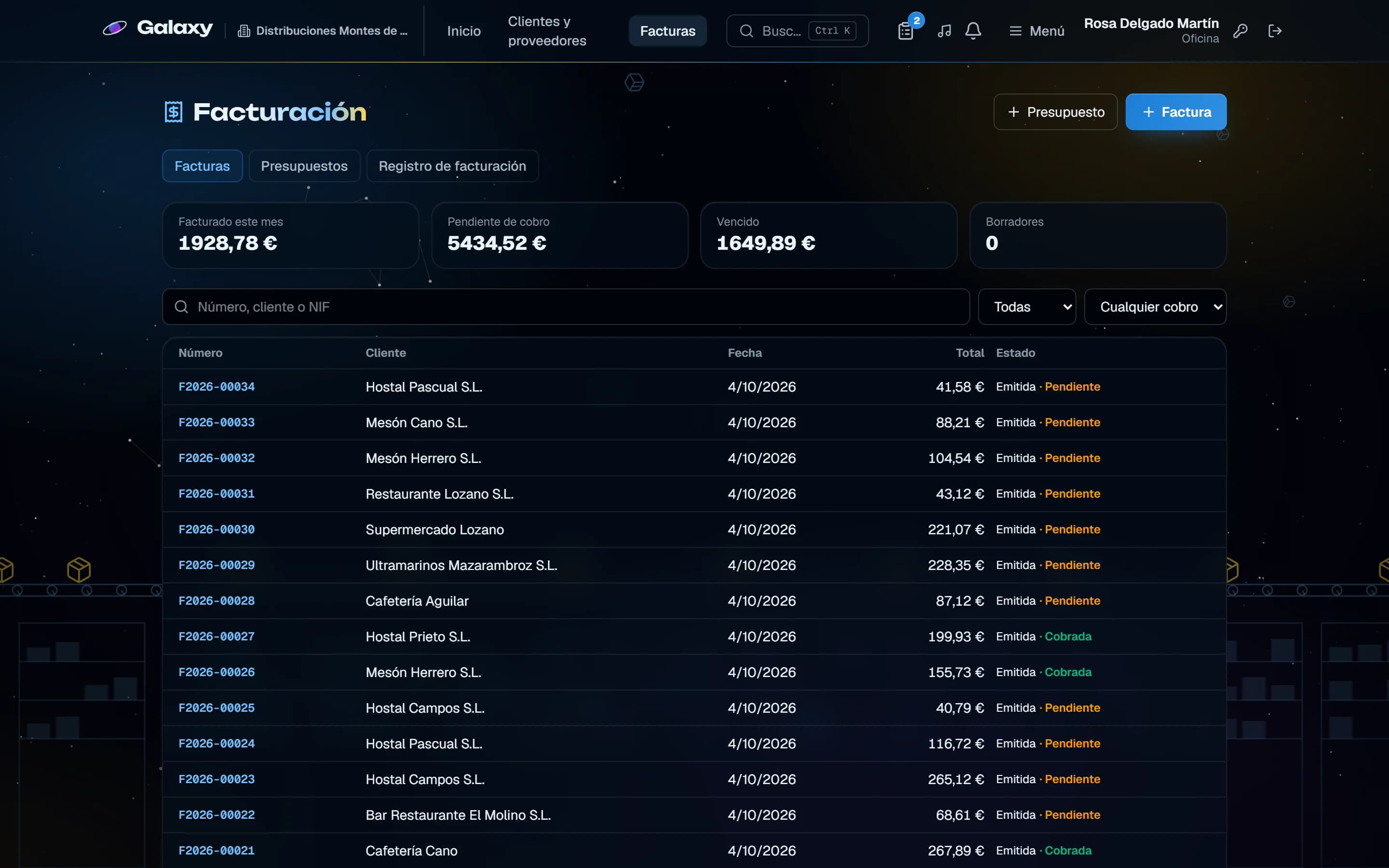 Captura de pantalla de Galaxy: Facturas emitidas, cobradas y pendientes