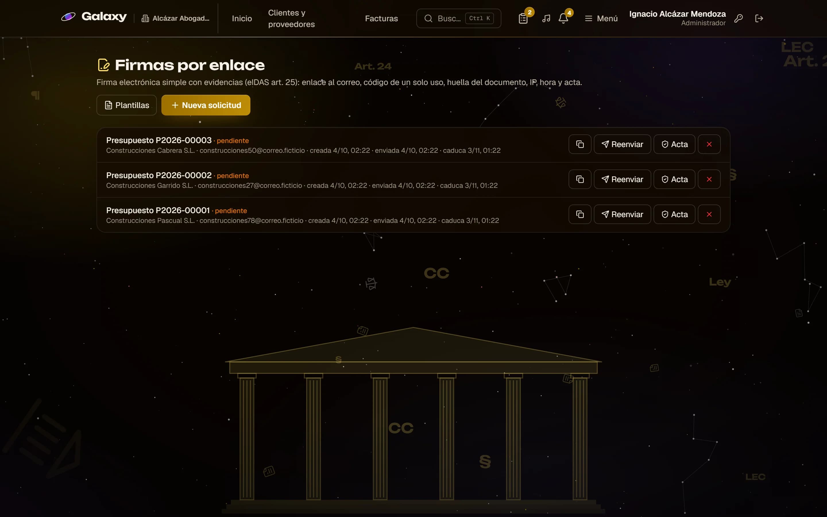 Captura de pantalla de Galaxy: Firma por enlace con evidencias y acta