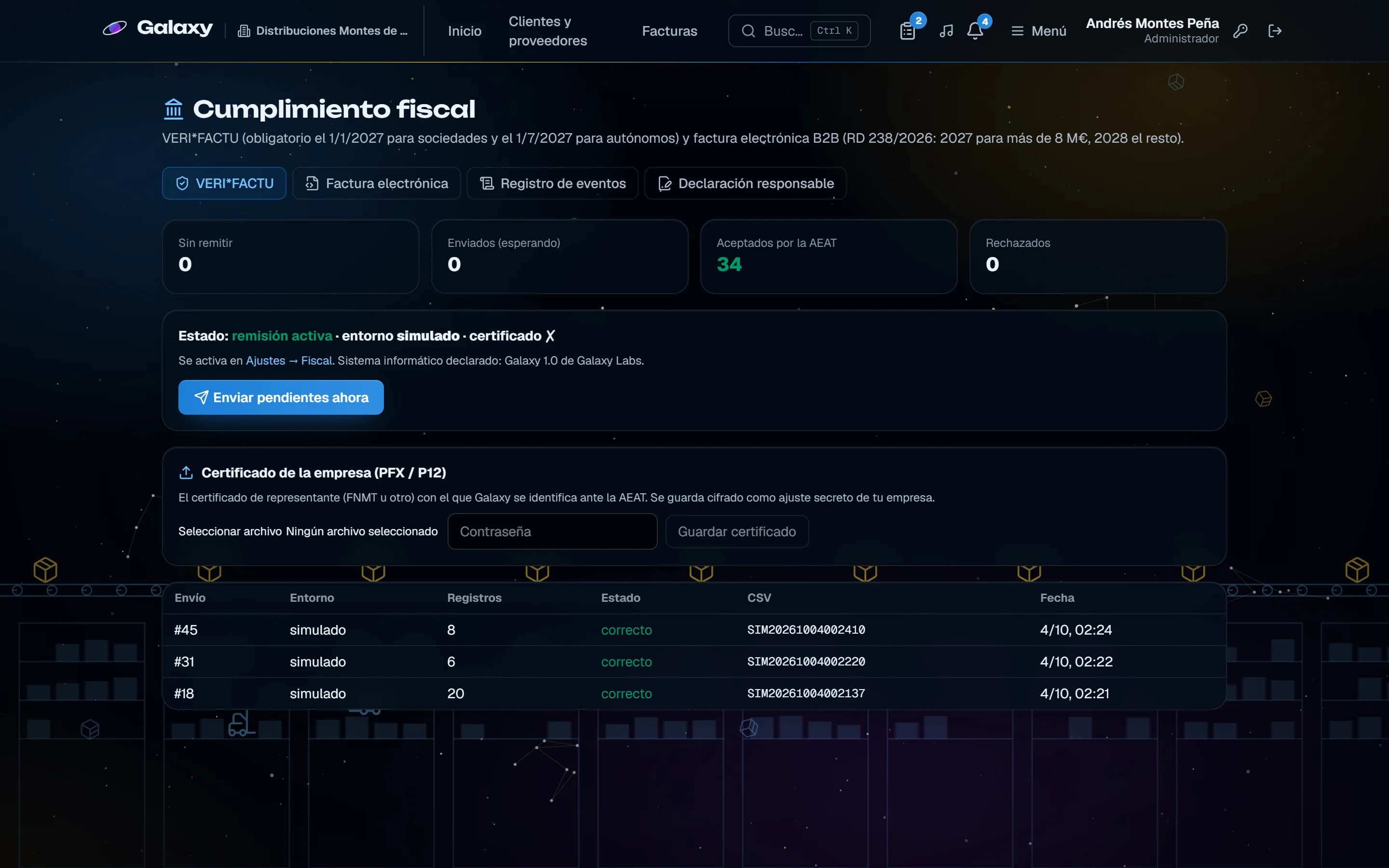 Captura de pantalla de Galaxy: VERI*FACTU: remisión, eventos y declaración