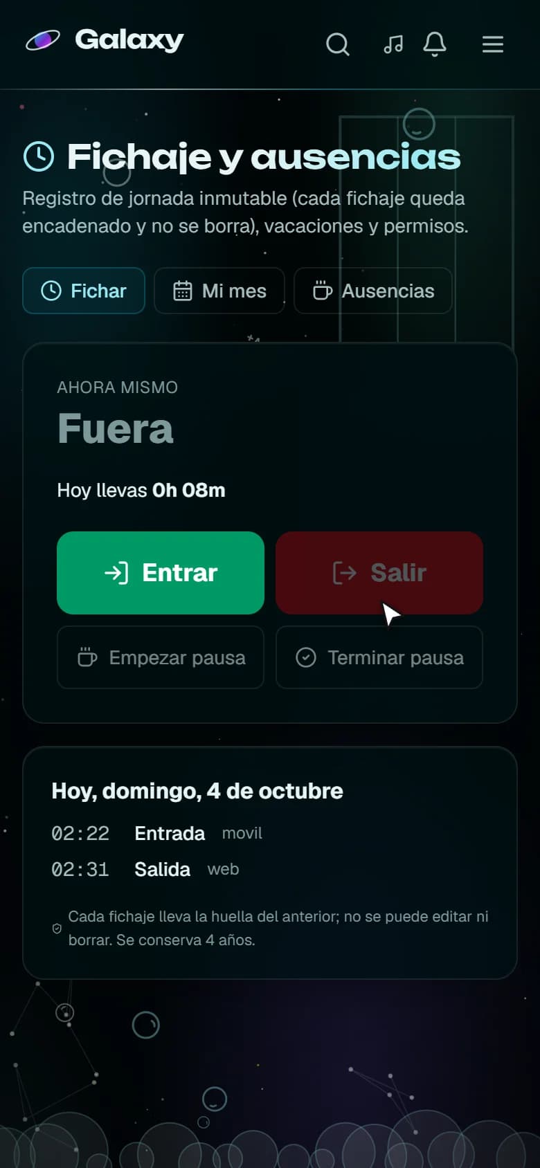 Captura de pantalla de Galaxy: Fichar en el centro del cliente