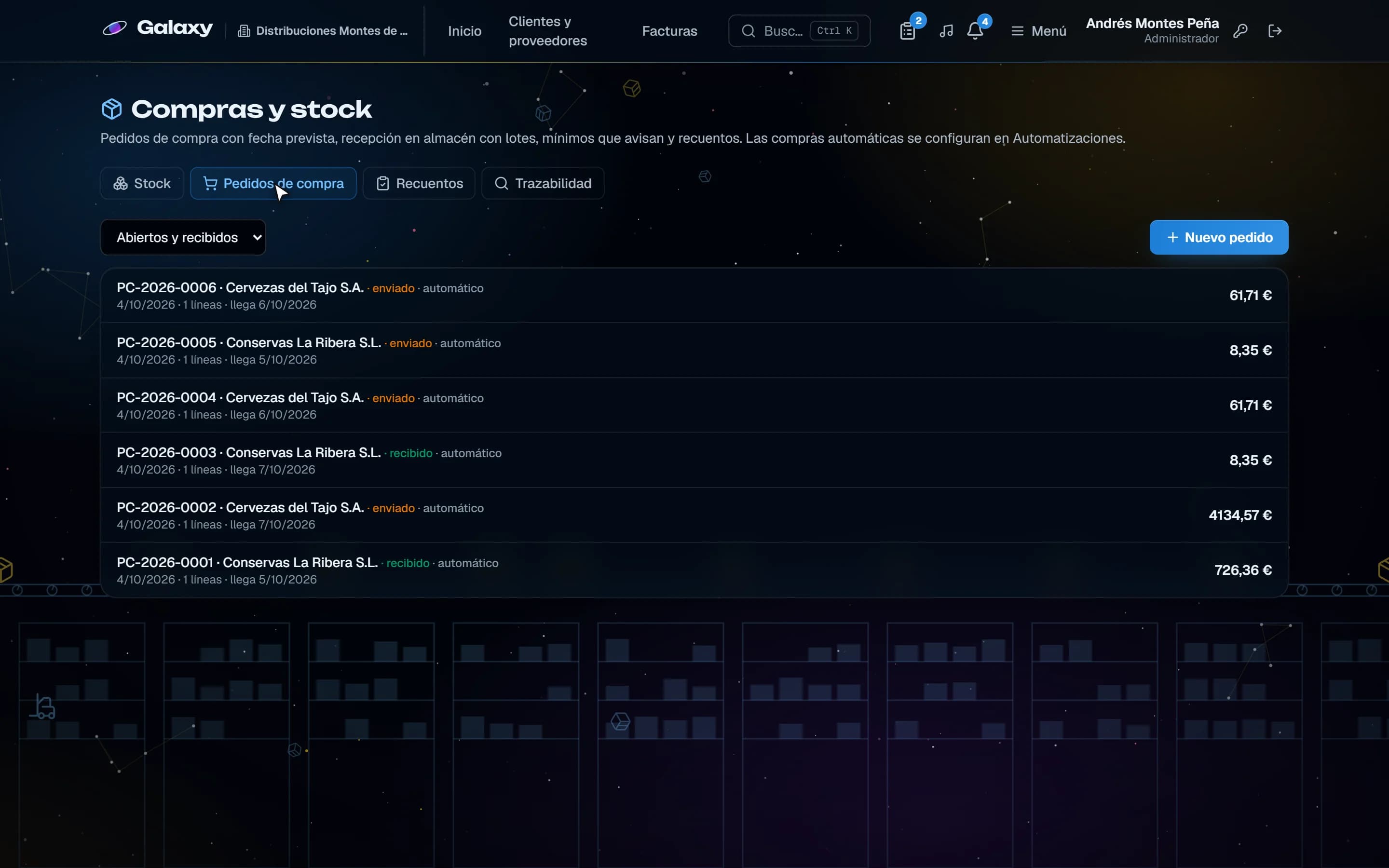 Captura de pantalla de Galaxy: Pedidos de compra generados por las recetas
