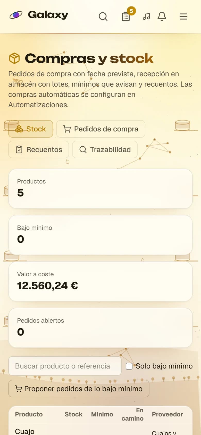 Captura de pantalla de Galaxy: Stock con lotes en el móvil (modo claro)