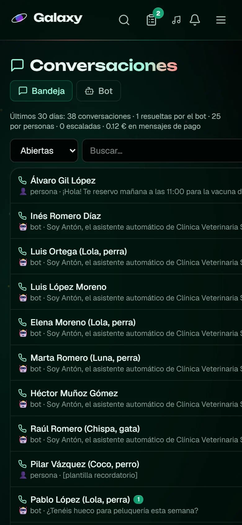 Captura de pantalla de Galaxy: La bandeja de conversaciones en el móvil