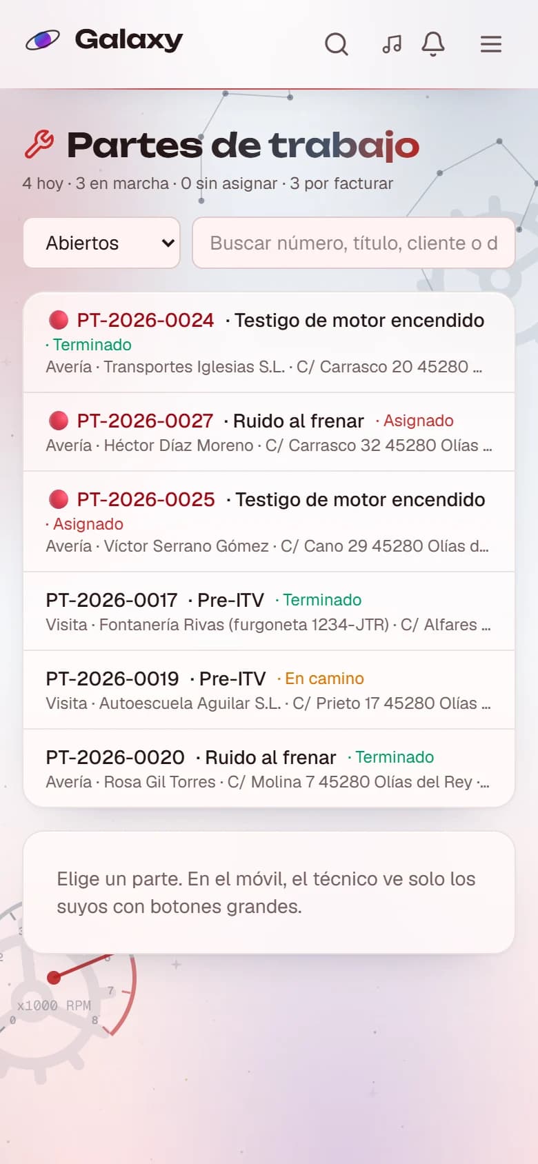 Captura de pantalla de Galaxy: Partes del mecánico en el móvil (modo claro)