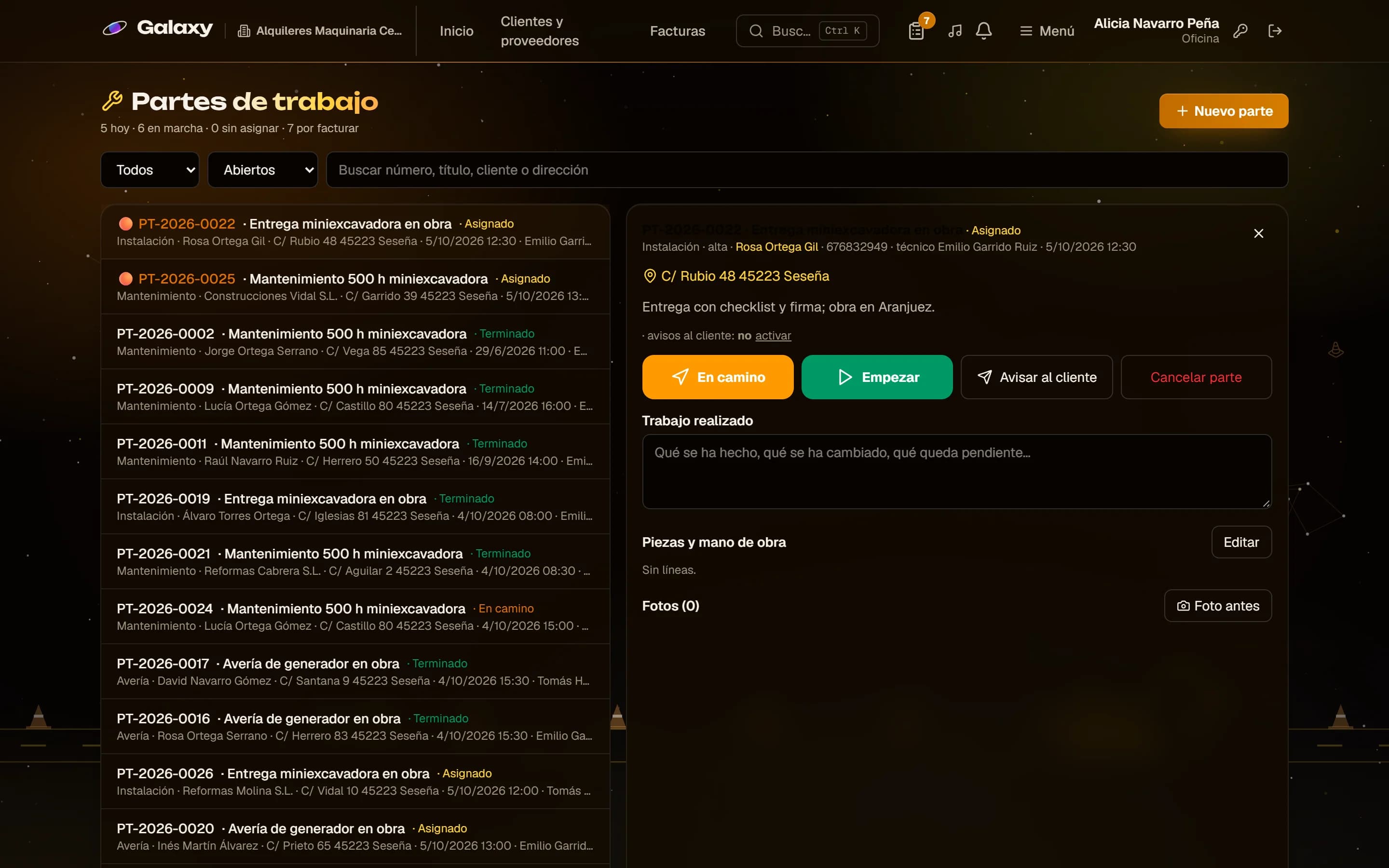 Captura de pantalla de Galaxy: Entregas y devoluciones con checklist