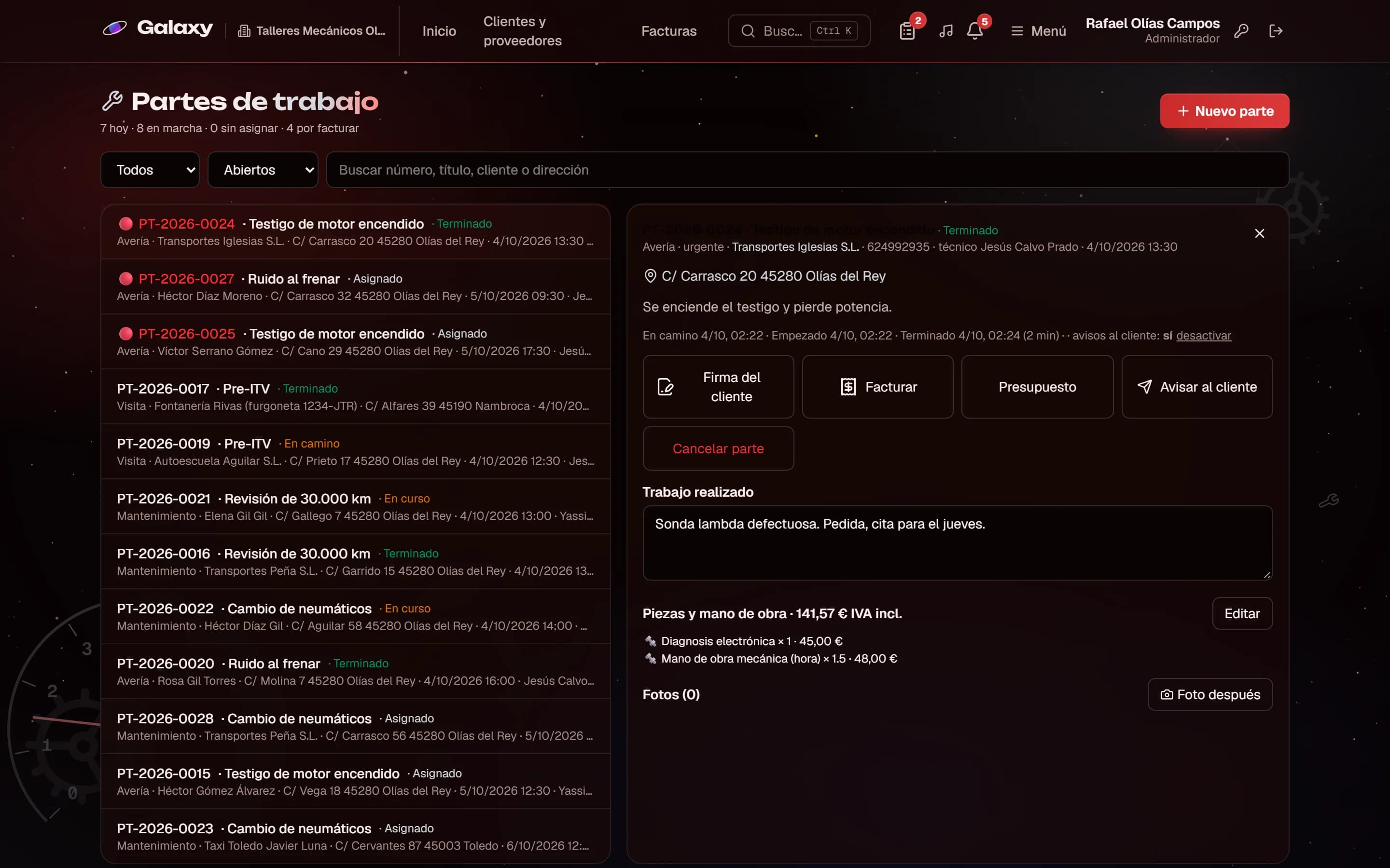 Captura de pantalla de Galaxy: Órdenes de reparación del taller