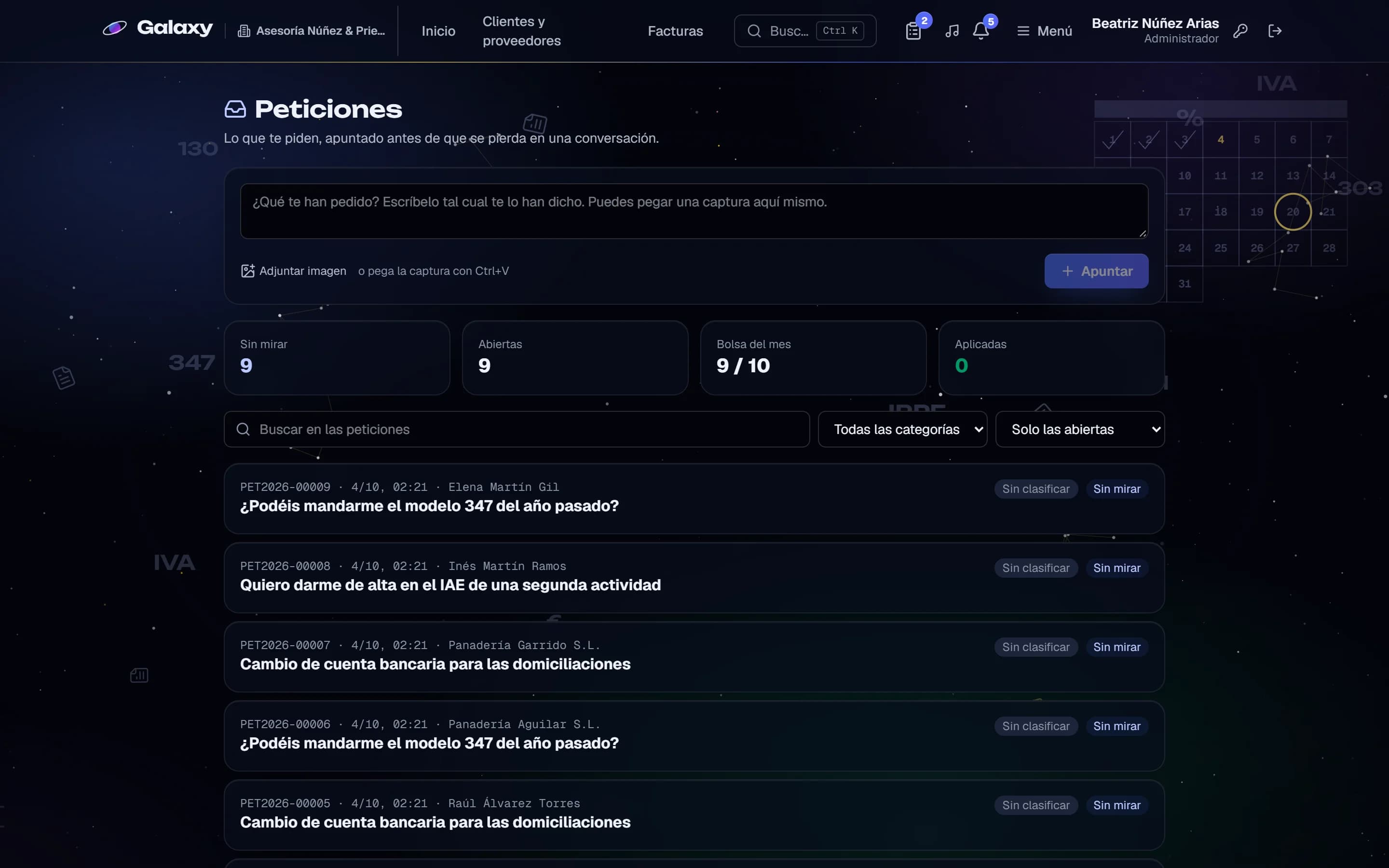 Captura de pantalla de Galaxy: Peticiones de los clientes con su bolsa mensual