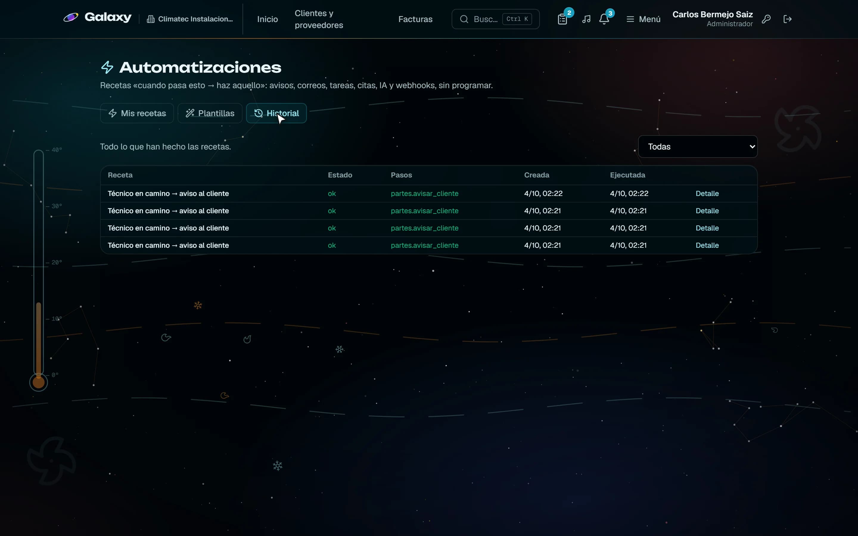 Captura de pantalla de Galaxy: Historial de cada receta que se ha disparado