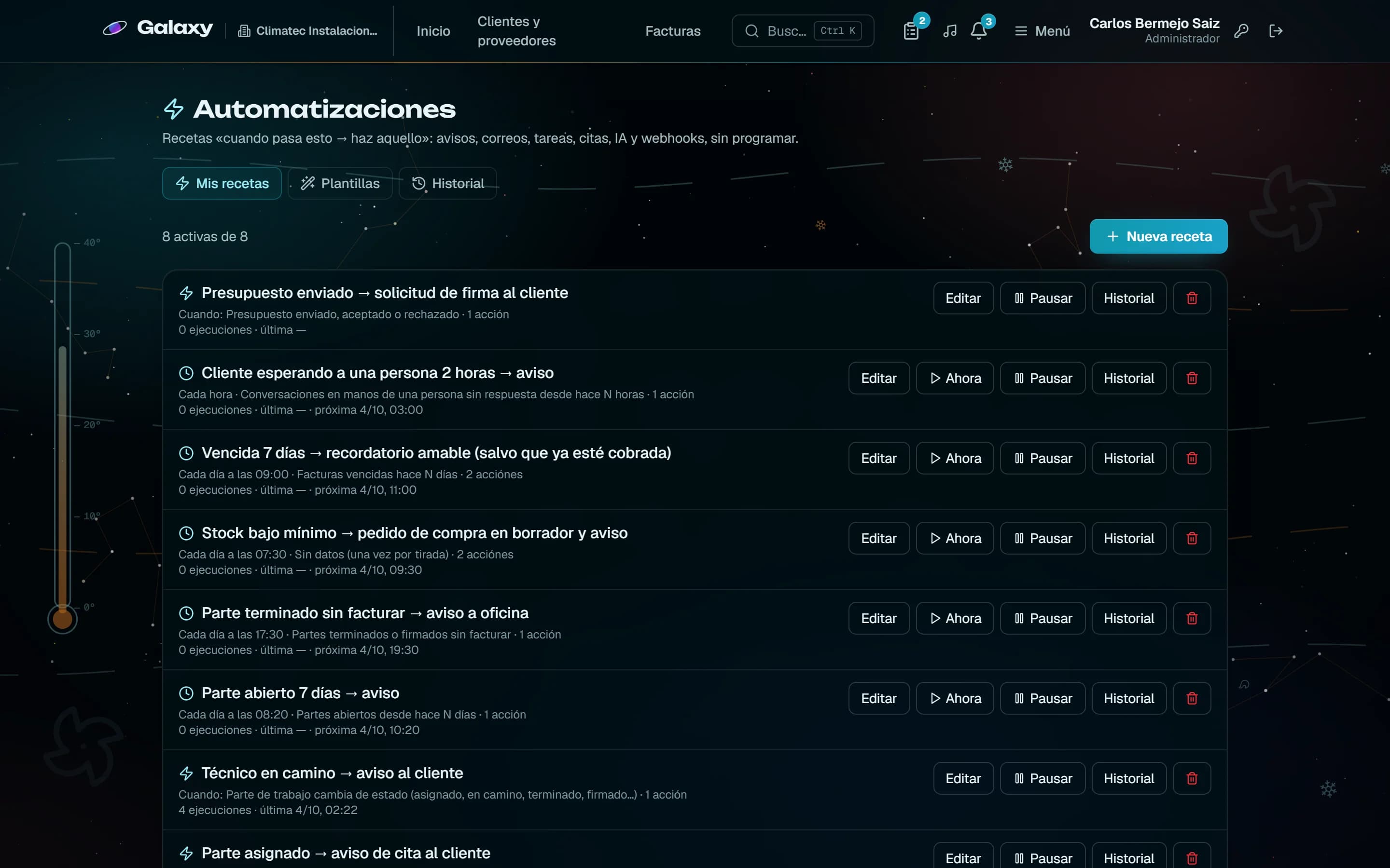 Captura de pantalla de Galaxy: Recetas activas: avisos, tareas y pedidos solos