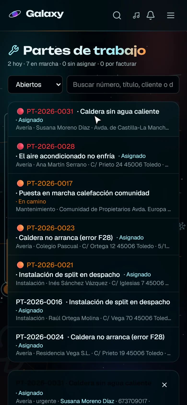 Captura de pantalla de Galaxy: El técnico abre su parte en el móvil