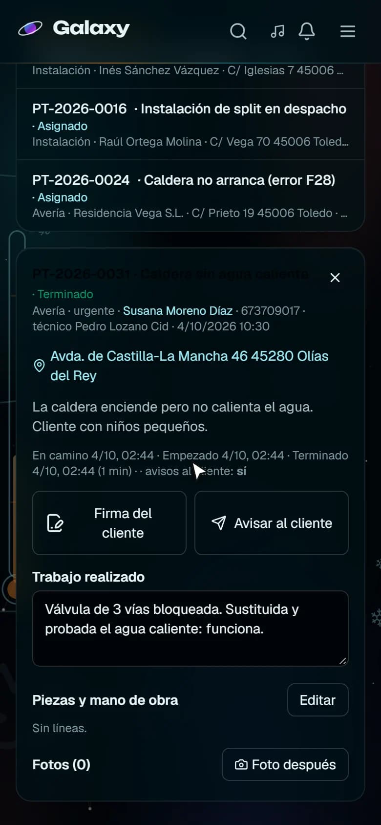 Captura de pantalla de Galaxy: Parte terminado con el trabajo realizado