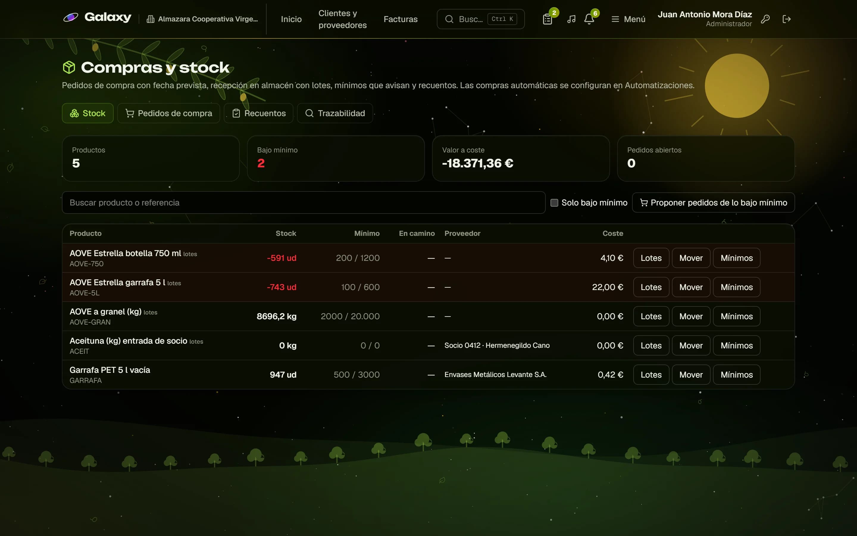 Captura de pantalla de Galaxy: Aceite por lotes y envasado propio