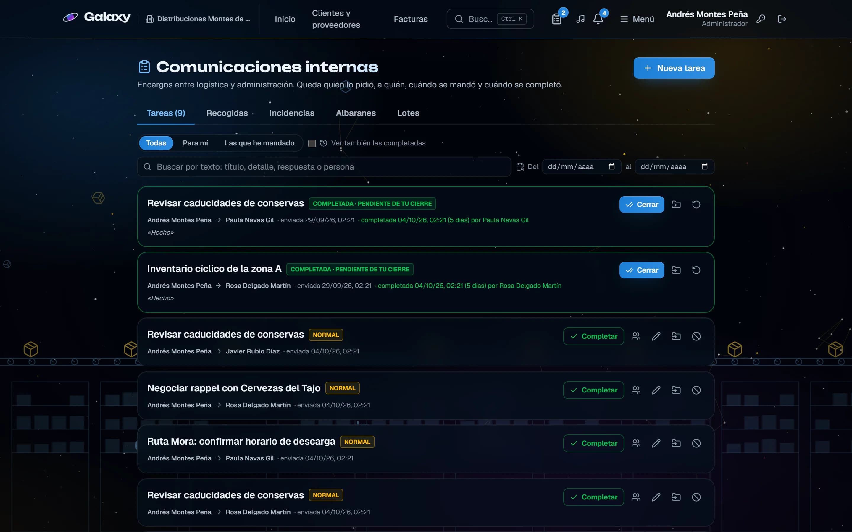 Captura de pantalla de Galaxy: Encargos internos entre el equipo