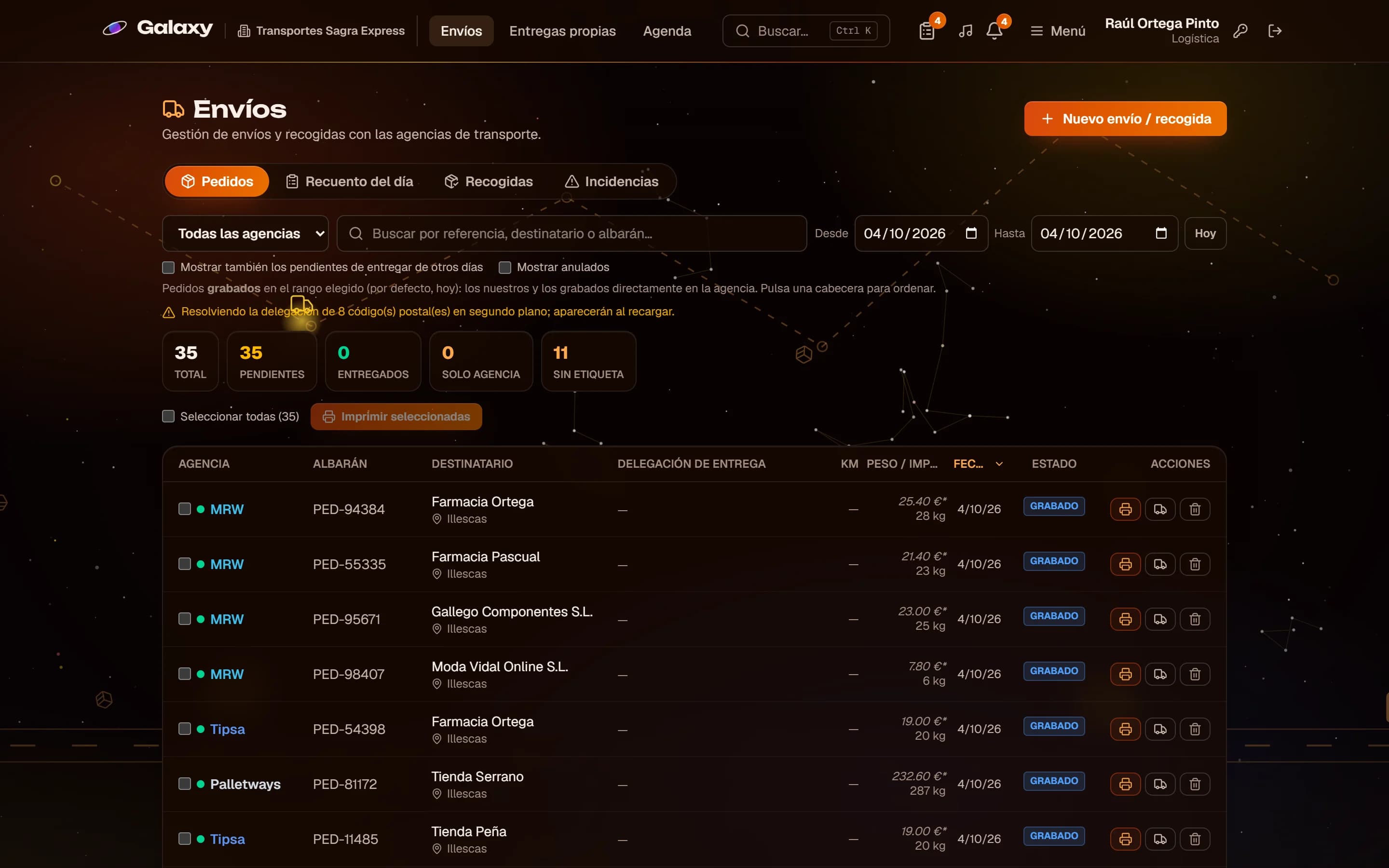 Captura de pantalla de Galaxy: Envíos de todas las agencias en una lista