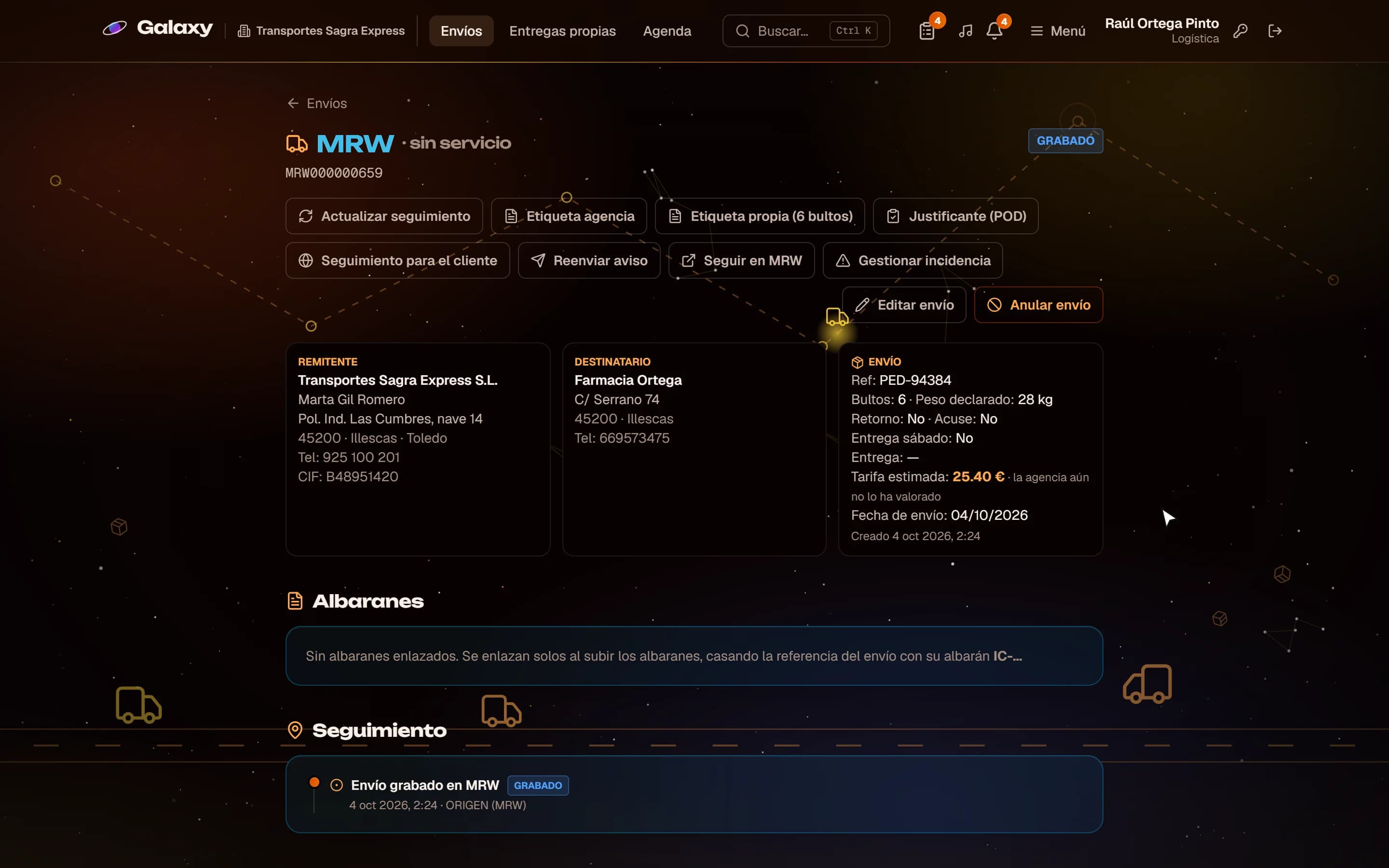 Captura de pantalla de Galaxy: Ficha del envío con su seguimiento